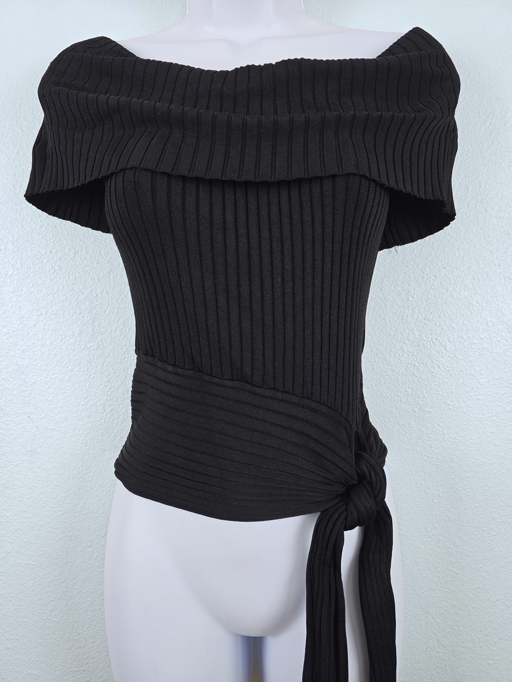 White House Black Market | Black Ribbed Off Shoulder Tie Waist Top Size S - Picture 4 of 12